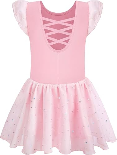Mulnall Fille Danse Ballet Justaucorps Brillant Vêtements Manches Plissées Dos Croisé Robe de Ballet Enfants Robe de Danse Corps de Danse avec Jupe Tutu(UK4043-08-XL)
