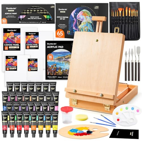 Shuttle Art 65 teiliger professioneller Malkoffer mit Tischstaffelei, 30 Acrylfarben Set, Leinwand, Pinsel, Palette, Schwamm, komplettem Zubehör, Malset für Kinder und Erwachsene geeignet