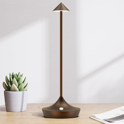 Hapfish lampe de table sans fil rechargeable LED, Lumiere bureau tactile exterieur 6000mAh, Lampe a poser metal design modern, étanche, dimmable, pour chevet, interieur, terrasse, restaurant (marron)
