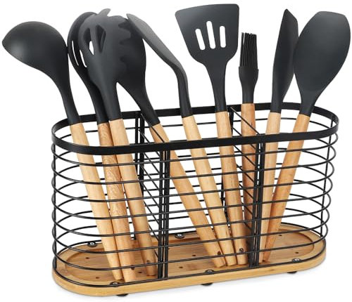 Küchenutensilienhalter，Besteckhalter aus Metall - Perfekte Organisation für Ihre Küche ，große schwarze Edelstahl Utensil Schale mit hölzernen Basis，3 Fächer Küchenutensilien Caddy，Schwarz