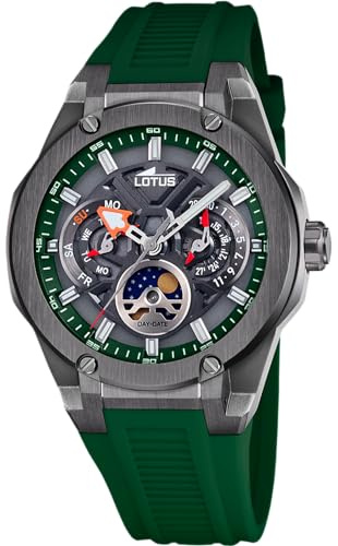 LOTUS Reloj Analógico Hombre con Fase Lunar de Caucho Verde