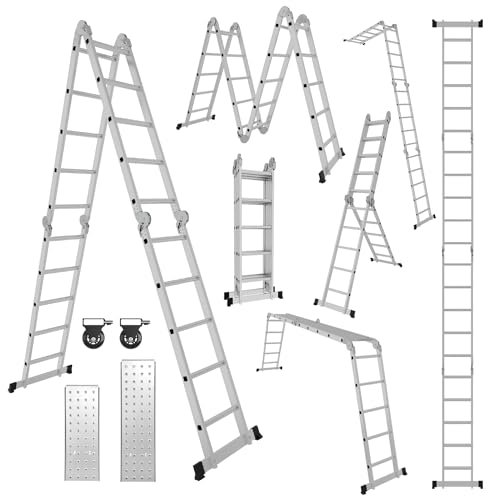 Yakimz Escalera multiusos de aluminio de 4 x 4 peldaños, 4,7 m, con plataforma, con 2 placas de andamio, escalera multiusos de hasta 150 kg, escalera plegable de 16 peldaños, color plateado