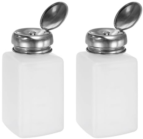 HARFINGTON 2pcs Solvent Alcohol Dispenser 200ml(6.7oz) Push Down Liquid Dispenser Pump Bottle with Sealing Stainless Steel Lid for Acetone Cleanser Polish Remover, White