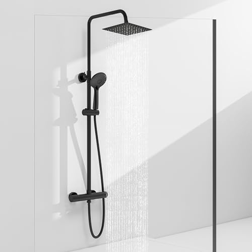 Sky Bathroom Thermostatic Bar Mixer Shower Set & System - Adjustable Height Riser Rail, 8” Rainfall Shower & 3 Modes Handheld Shower Head, Matte Black
