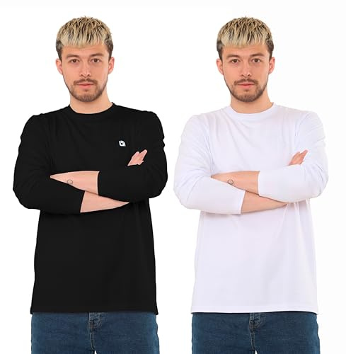 Bahob® 2 Pack Men's Long Sleeve T-Shirt Top Round Neck Full Sleeve T-Shirt Soft Cotton S-XXXL (XXL, 2 Pack/Black X White)