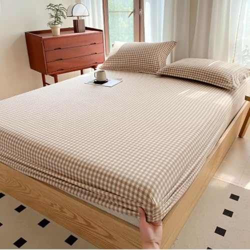 Tan Gingham Fitted Sheet Queen 100% Washed Cotton Taupe Plaid Queen Bed Sheet Grid Single Bottom Sheet with 15 Deep Pocket Gingham Bedding Grid Sheet 1 Piece Cotton Breathable Mattress Cover