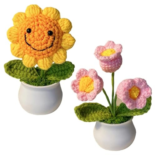 Crochet Flower Bouquet,Sunflower Gifts for Women, Emotional Support Gift, Sunflowers Artificial Flowers,2 Plant Gifts, Mother’s Day, Home Decor,Car Decoration,Hand Woven Bell Orchid