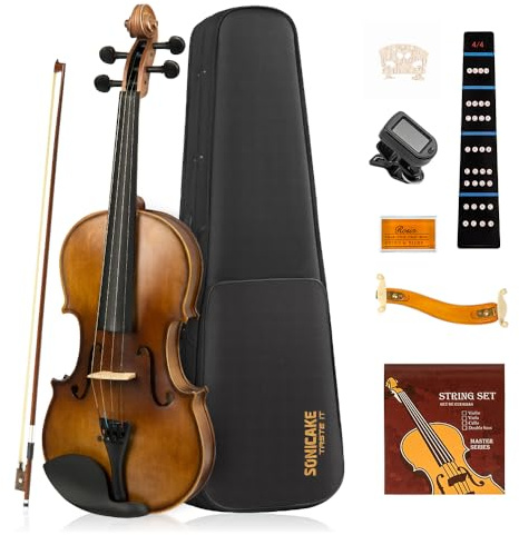 SONICAKE Violín 4/4 de Madera Maciza para Adultos Estuche Rígido, Soporte, Colofonia, Arcos, Afinador de Pinza y Cuerdas Extra QVL-01
