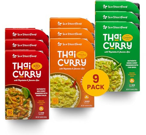 Silo StreetFood Thai Curry Variety Pack with Vegetables & Jasmine Rice – Red, Green & Yellow Ready To Eat Meals – Prepared Foods With Coconut Milk & Thai Herbs – Gluten-Free, Non-GMO, Vegan, Pack of 9 (3 Each), 10.48 oz