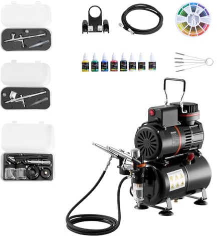 VEVOR 1/6 hk luftkompressor airbrush kit med tank 3 dubbelverkande airbrush med 3 munstycken, slang, 6 akrylfärger, set för tårtdekoration, modeller, naglar