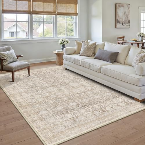 PureCozy Beige Teppich Wohnzimmer 160x230cm Waschbarer Vintage Tepich for Living Room kurzflor rutschfest Weich Boho Retro Carpet für Küchen Schlafzimmer Esszimmer Bedroom