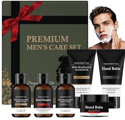 6PCS Men's Skincare Set – Mens Skin Care Sets & Kits – Shower Gel, Foaming Body Wash, Hand Cream, Beard Shampoo & Beard Balm – Hydrating & Refreshing Daily Care Gift-Ready Skincare Kit for Men
