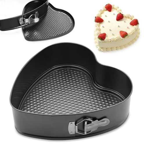 Springform Backform Herz 20CM, Kuchenform mit Antihaftbeschichtung, Kuchenform mit Flachboden, Kuchenbackformen mit Flachboden, Tortenform Tarteform für Kuchen Backen, Kohlenstoffstahl, Schwarz