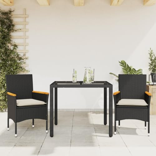 Mokuyary Grupo de comedor de jardín de 3 piezas, con cojín, color negro, poliratán de vidrio, juego de jardín, mesa de comedor, comedor, impermeable, balcón, terraza, 90 x 90 x 75 cm