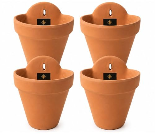 Maceta Exterior Colgante Set 4 Unidades | Terracota 18x18x21 cm | con Orificio para Colgar | Cerámica Resistente | Ideal para Pared Jardín Balcón | Diseño Clásico