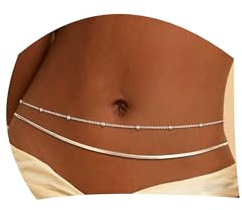 AOSWUD Cadena de vientre mujer dorada y plateada,Cadena de cintura Ajustable con Perlas y Cruz, Waist Chain Body Chain, Cinturón de Cadena para bikini verano