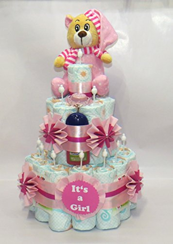 Windeltorte It's a Girl mit Schlafbär rosa | Windelgeschenk Mädchen