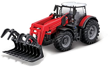 Bburago Tracteur Massey Fergusson 8740S moulé sous Pression avec Chargeur Avant et Pince – Réplique de Jouet de Collection à l'échelle 1:50, Coleurs Assorties