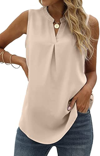 Famulily Women's V Neck Chiffon Tank Tops Pleated Sheer Vest Tops Summer Sleeveless Loose Casual Shirts