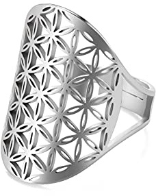 kkjoy Bague Fleur de Vie Ajourée en Acier Inoxydable Anneaux de Doigt Ouverts et Ajustables Bague de Promesse Cadeau pour Femme