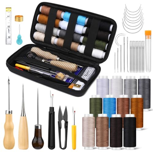 Kit couture cuir outils de maroquinerie, 48 pièces kit de couture manuel pour cuir avec aiguille fil de rembourrage, poinçon à coudre, découseur pour réparation bricolage