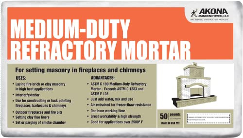 Akona Medium Duty Refractory Mortar - High Temperature Mix for Fireplaces, Fire Pits, Chimneys, Parging, Brick, Clay, and More, White in Color, High Heat Resistance, Up to 2550°F (1, 50 Pound)