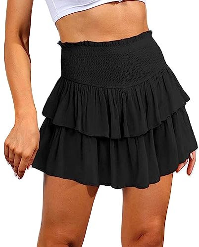 ZYMOZYM A-Linien Schwarz Basic Einfarbig Mini Rock Mit Shorts Falten Dehnbaren Sportrock Hosenrock Damen