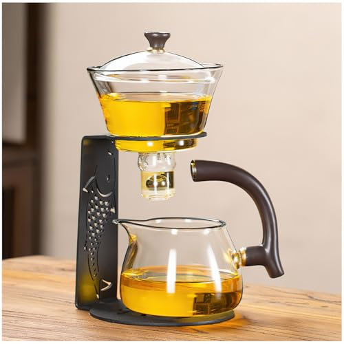 Lazy Kungfu - Teiera magnetica in vetro semi automatica, teiera a goccia Lazy Kungfu, attrazione magnetica, coperchio rotante per acqua, ciotola adatta per casa/ufficio, reception (pesce koi nero)