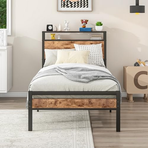 BORPHOM Metallbett aus Metall 90x200 Bettgestell mit Lattenrost,Bettrahmen Holz mit Stauraum Kopfteil,Für Erwachsene, Kinder, Jugendliche,Einzelbett Gästebett Einzelbettgestell 90x200 Bett,Braun