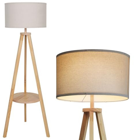 YU YUSING Stehlampe Wohnzimmer mit Ablage und Stoffschirm in leinen, Leselampe Stehlampe mit E27 Fassung, Stativ aus Holz, Skandinavischer Stil Stehleuchte für Wohnzimmer Schlafzimmer Büro 157cm Höhe