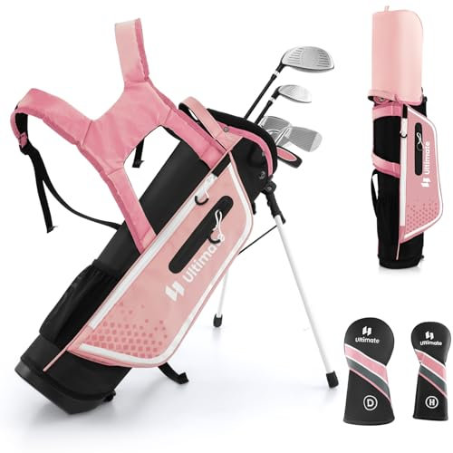 GOPLUS Golfschläger Set, 6 TLG. Golfschlägersätze mit 300CC Driver, 4er Hybrid, 7er-/9er-/S-Eisen, Putter, tragbare Golfausrüstung mit Golftasche & Regenhaube für Kinder von 11-13 Jahren(Rosa)