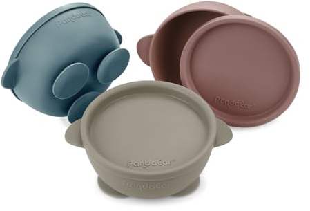 PandaEar 3 Stück Babyschalen mit Saugnapf, Silikonschalen für Kleinkinder mit Deckel, kein Verschütten, Saugschalen für Baby Säugling erste Stufe, Babynahrung Futternapf Set, Blau/Braun/Rot