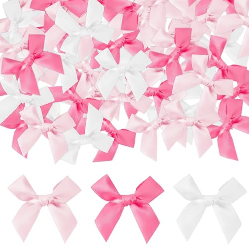 JRYGAC 90 Pezzi Fiocchetti per Bomboniere Set, Autoadesiva Fiocchi Bianchi Matrimonio, Mini Fiocchi Rosa, 3 Colori Fiocco Regalo per Bomboniere Matrimonio Battesimo Compleanno Artigianato Cucito