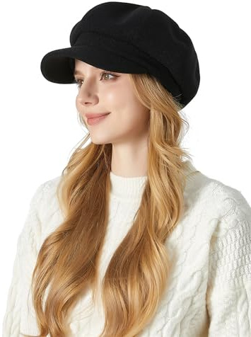 FEOYA Damen Klassisch Ballonmütze Newsboy Cap Schirmmütze Vintage Herbst Winter Barett Kappe Maler Mütz Schwarz