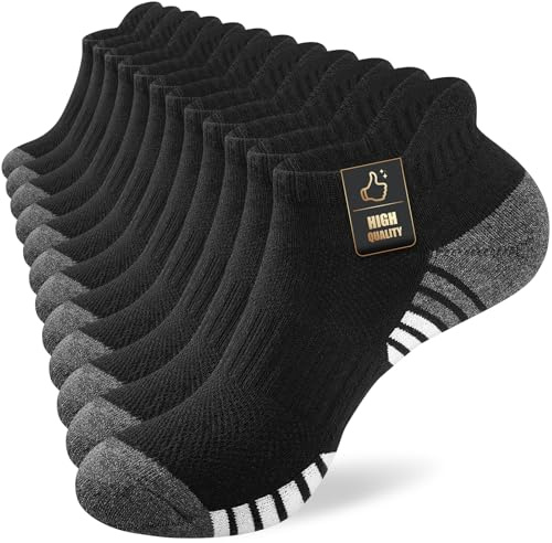 SockWaddles Running Socks Cushioned Ankle Trainer Socks for Men Women Cotton Low Cut Breathable Athletic Sports Socks (6 Pairs) Black 9-12