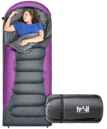 Trail Alpine 250 XL Sleeping Bag with Hood (L230cm x W100cm), Large Extra Wide Envelope Sleeping Bag, 2 to 3 Season Camping, Lightweight, Water Resistant, Polycotton Liner, Compression Bag (Purple)