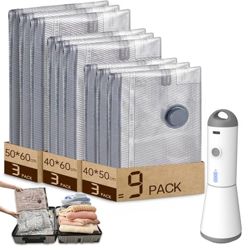 Vacbird Sacchetti Sottovuoto Vestiti con Pompa Sottovuoto Senza Fili, 9 Pezzi (3 * 40x50cm, 3 * 40x60cm, 3 * 50x60cm), Riutilizzabile Buste Sottovuoto Vestiti da Viaggio per Maglioni, Camicia, Viaggi