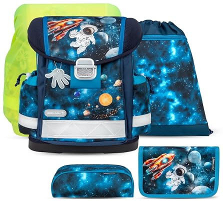 Belmil Schulranzen Set 403-13/AG/S/R 5 - teilig ergonomischer Schulranzen Set mit Regenschutz 1. klasse 2. klasse 3. klasse - Super Leicht 930-990 g/Grundschule (Infinity Space)