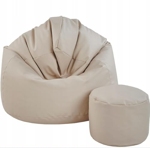 Slevobox Sitzsack mit Hocker Beige 95x95x120 cm - XXL Sitzsack Erwachsene mit Füllung - Bean Bag - Schlafzimmer und Wohnzimmer Möbel - Indoor Sitzsäcke Öko-Leder - Lounge Sessel