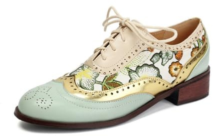 Dam vintage Brogue Oxfords etnisk broderi rund tå skor med snörning stängning tjock låg klack casual platta skor, gRÖN, 42 EU