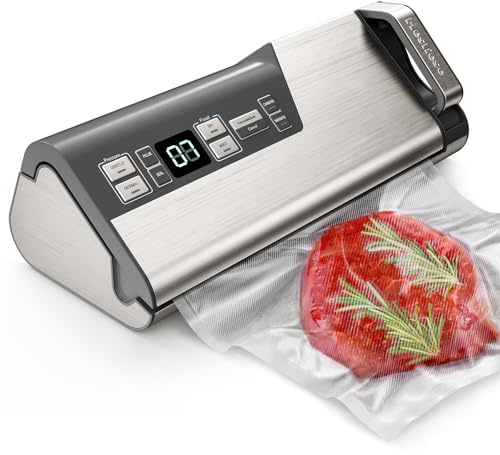 Máquina de Envasado al Vacío Mesliese, 95kPa 140W Doble Sellado, Envasadora de Alimentos Potente, Operación con una Mano con Cuchilla Integrada y Almacenamiento de Rollos (Gris)