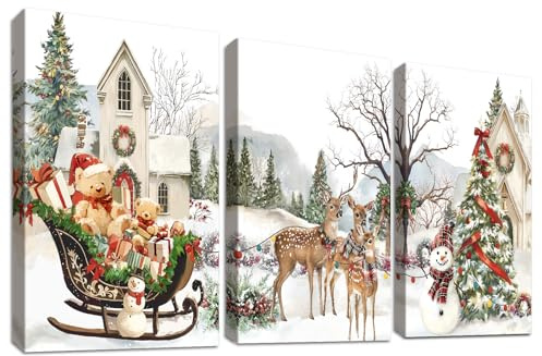 3 Pcs Wooden Framed Canvas Wall Art Christmas Tree Reindeer Canvas Prints Snowman Sledges Bear Gifts Painting Winter Pictures for Living Room Bedroom Hallway Stairs Holiday Wall Decor 50x70 cm x3pcs