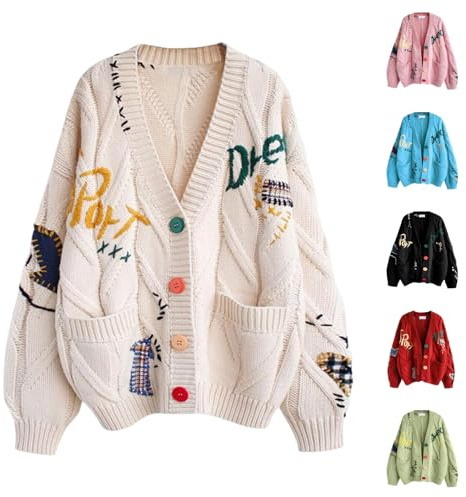 Ladies Cardigan, Loose Fit V Neck Button Down Chunky Cable Knit Sweater Cardigan with Pockets, Colourful Embroidery Ladies Knitwear for Autumn Winter