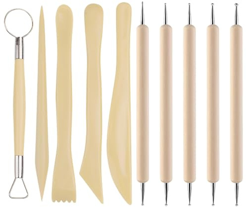 KAHZOR 10 Pezzi Strumenti per Modellare Argilla Professionali di Faggio, Kit Modellismo, Attrezzi per Argilla da Modellare, Stecche di Legno e Mirette per Argilla, Kit 10 Utensili