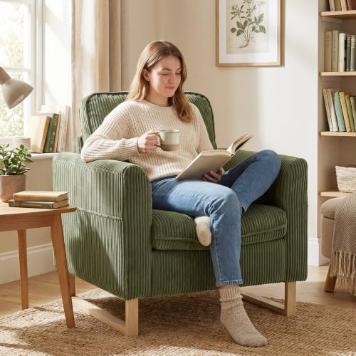 HOMCOM Accent Chair, 82 cm Corduroy Upholstered Armchair Dark Green | Spring Cushions, Metal Legs, Living Room, Bedroom, Home Office, Studio