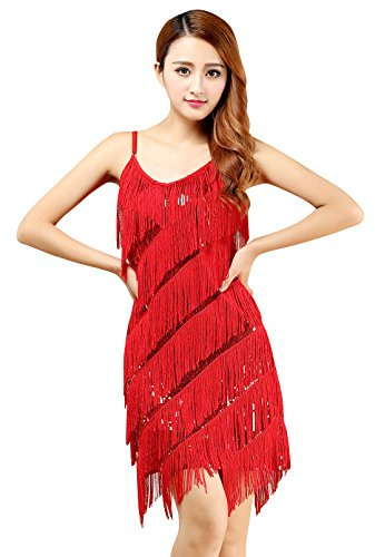BELLYQUEEN Robe Années 20 Charleston Femme sans Manche Robe Gatsby Cocktail à Bretelles Réglables Robe à Frange pour Déguisement Soirée à thème Danse Latine Salsa Tango Rouge Taille Unique