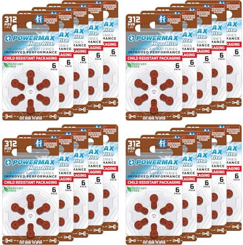 Powermax Size 312 Hearing Aid Batteries, 120 Count Long-Lasting Battery Pack, Brown Long Tab for Easy Change