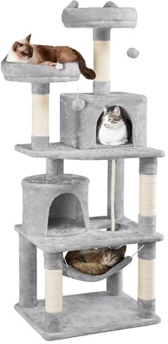 Yaheetech 158cm Multi-level Cat Tree Tower Large Kitten Scratching Posts with Condos/Perches/Hammock Broad-space Kitten Activity Centre, Light Grey