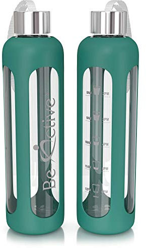 Be-Active Botella de Agua Motivacional de Vidrio con Tiempos de Bebida Hidratado borosilicato BPA Libre - 500ml, 1000ml