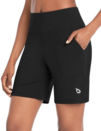baleaf Women's 7 Athletic Long Shorts High Waisted Running Bermuda Shorts with Pockets Black Large